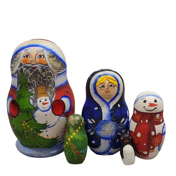 Santa Wooden Toy Nesting Stacking Dolls 5pc Hand Painted Christmas Tradition - Picture 1 of 10